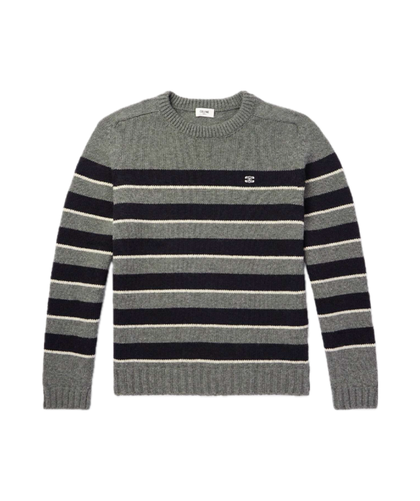 Celine Homme Logo-Embroidered Stripped knitted wool Sweater