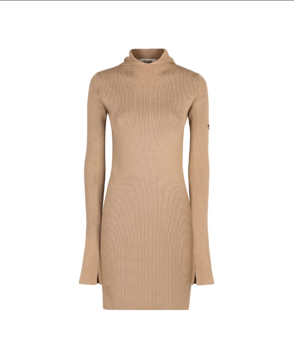 Fendi Long Sleeved Hooded Ribbed Dress