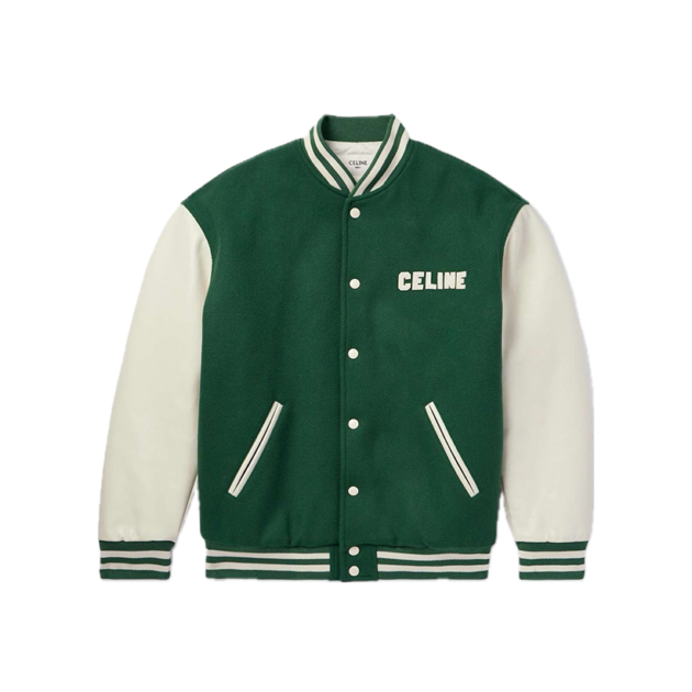 Celine Homme Teddy  Logo-Appliquéd Wool-Blend and Leather Varsity Jacket