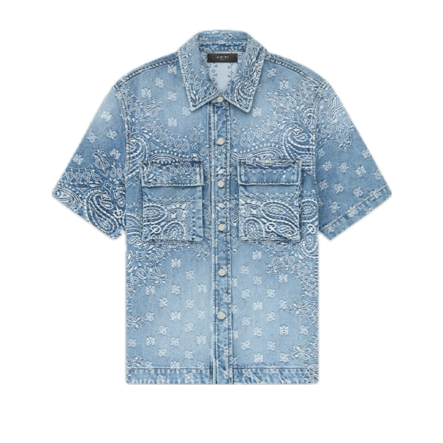 Amiri Bandana Jacquard Snap Short Sleeve Shirt Perfect Indigo