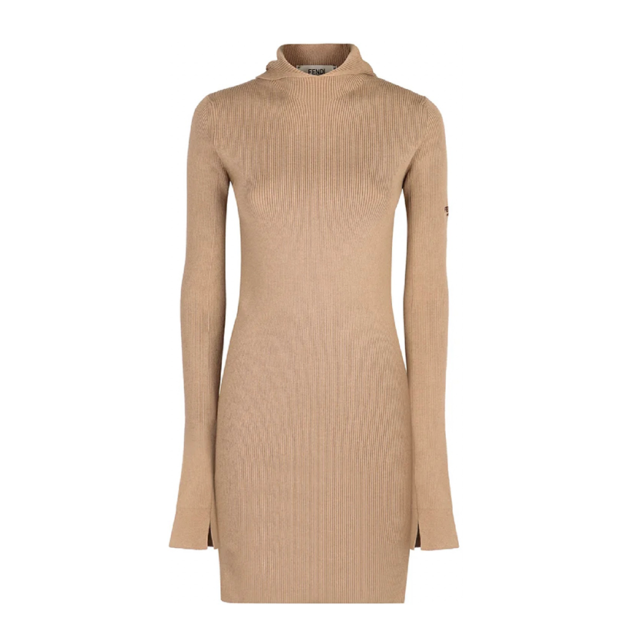 Fendi Long Sleeved Hooded Ribbed Dress