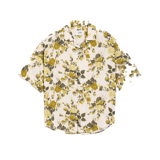 Green Flower Printed Short Sleeved Ami Camp Shirt